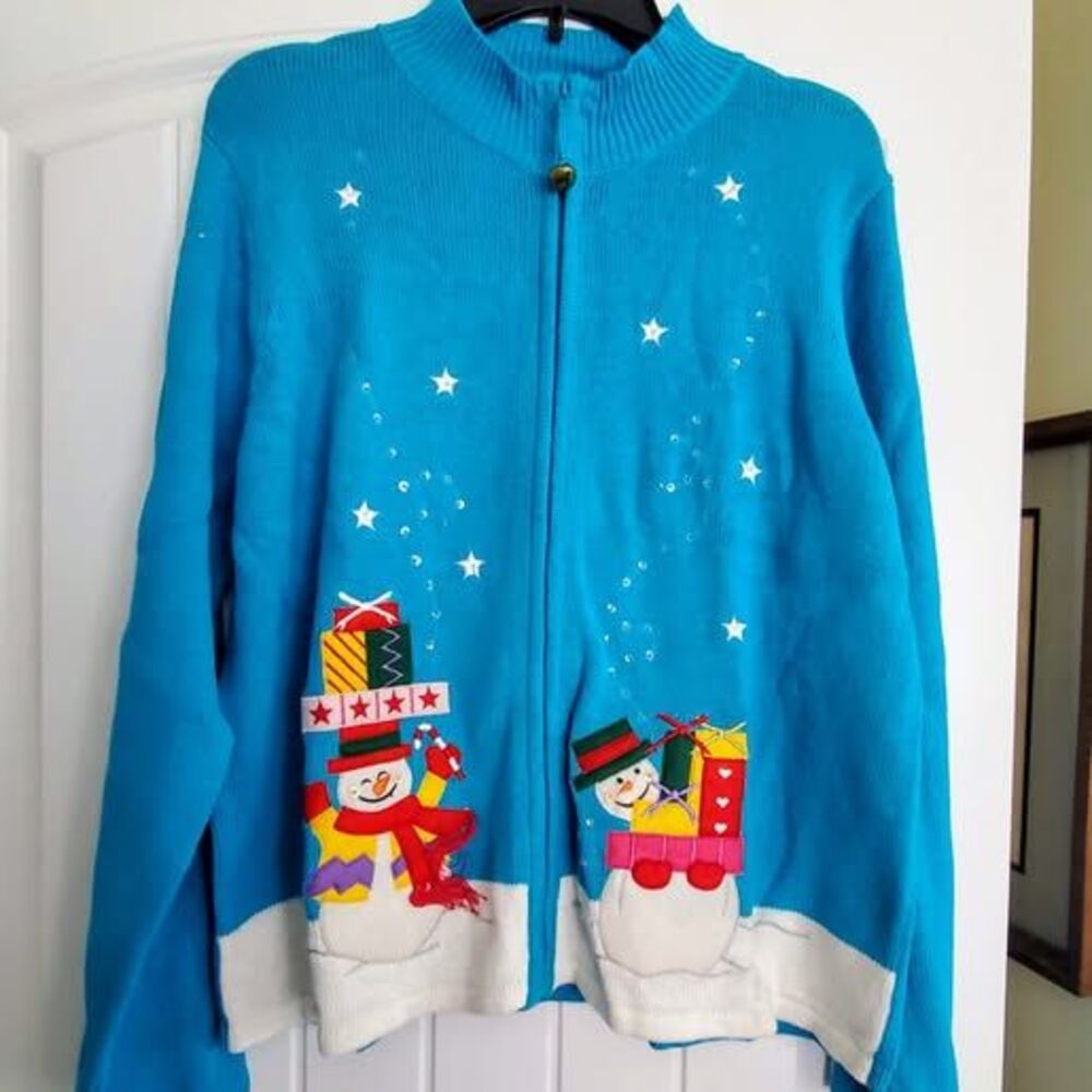 Women's Tiara International Blue Holiday Zip Cardigan Sweater XL New with Tags